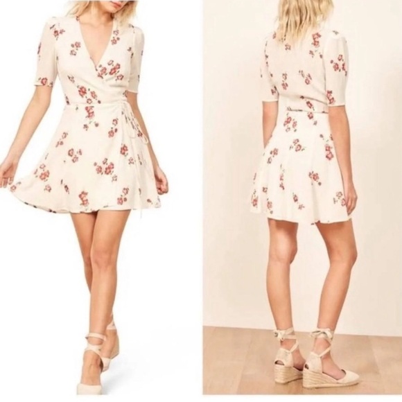 Reformation Dresses & Skirts - Reformation Lucky Wrap Mini Dress Magdalena Cream White Floral V-neck | Small